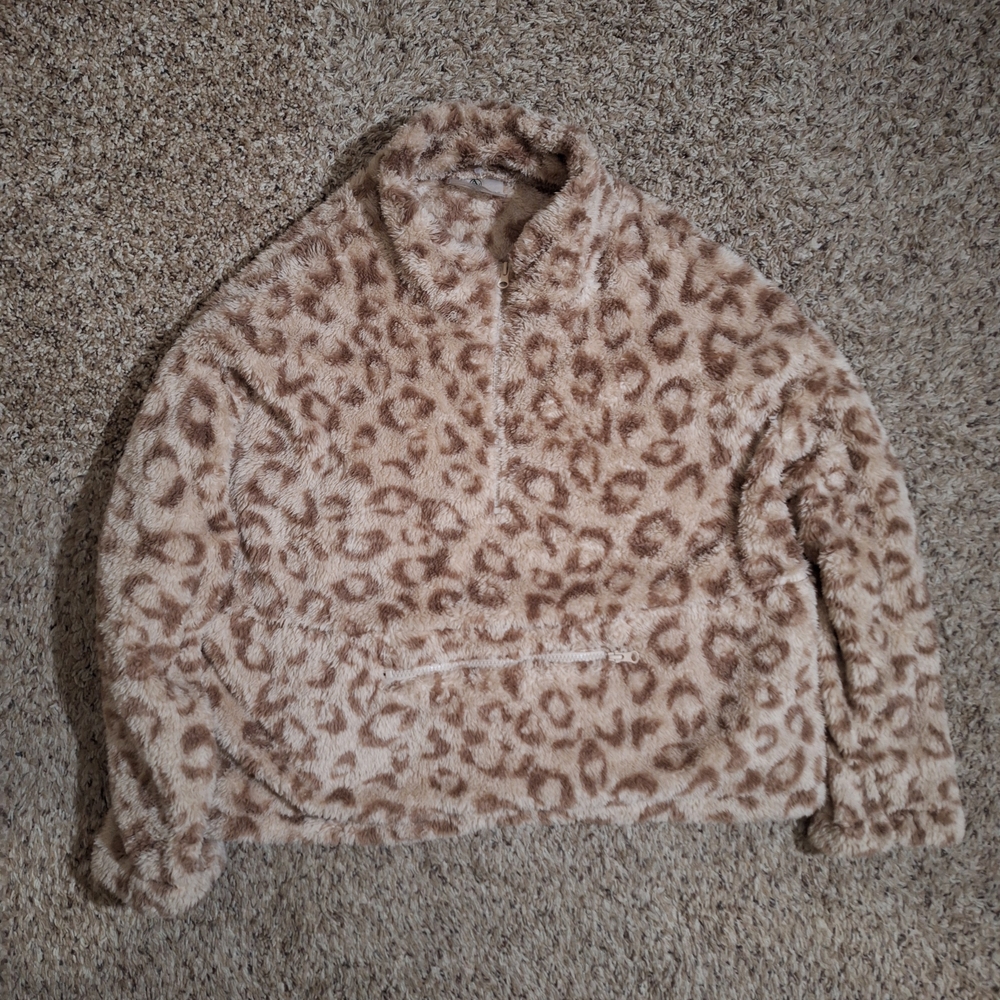 Adrienne Vittadini Leopard Fleece Sherpa Quarter Zip Pullover Sweater Size 2XL